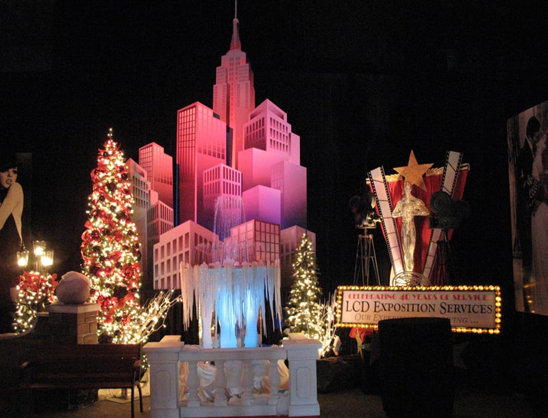 A city skyline set with holiday trees and illuminated décor at LCD’s 40th anniversary celebration.