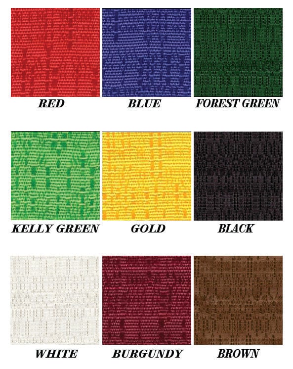 Drape fabric colors: red, blue, forest green, kelly green, gold, black, white, burgundy and brown.