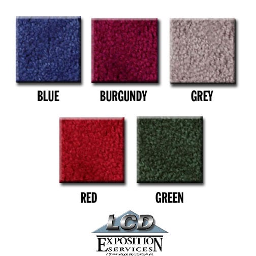 Exhibit carpet color samples in blue, burgundy, grey, red and green.