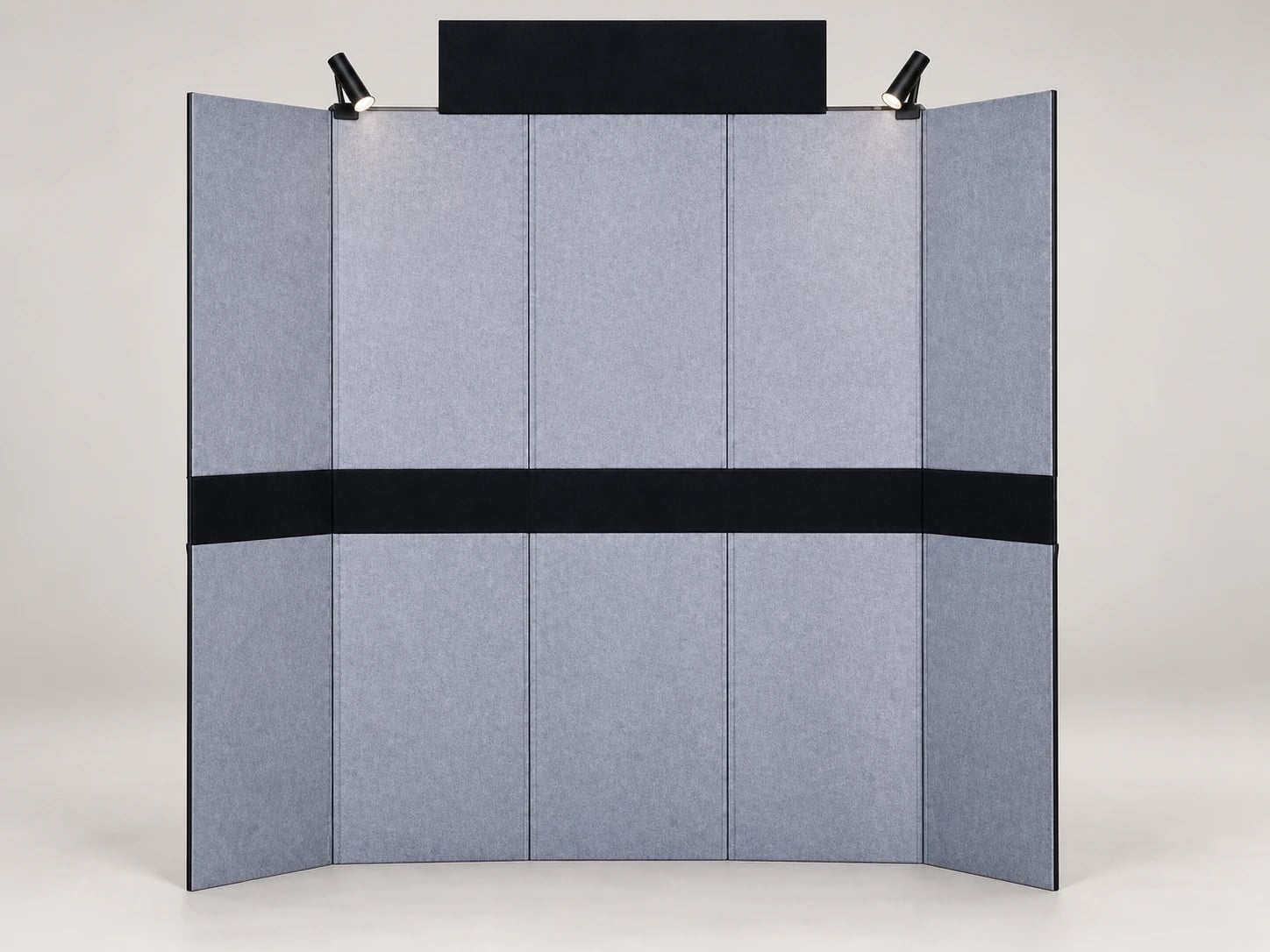 A curved gray five-panel rental display with a black horizontal accent band, blank header and two spotlights.